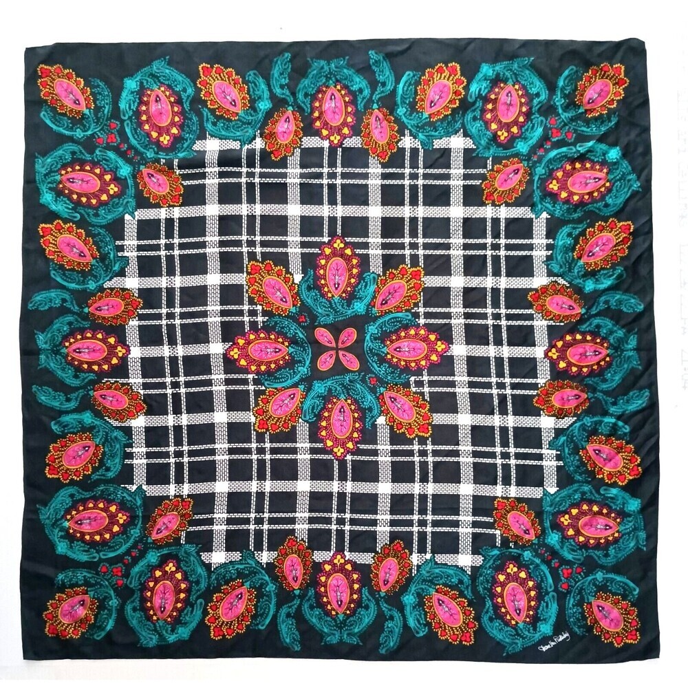 Diane Von Furstenberg Black Plaid Silk Scarf with Pink and Teal Paisley - Picture 2 of 6